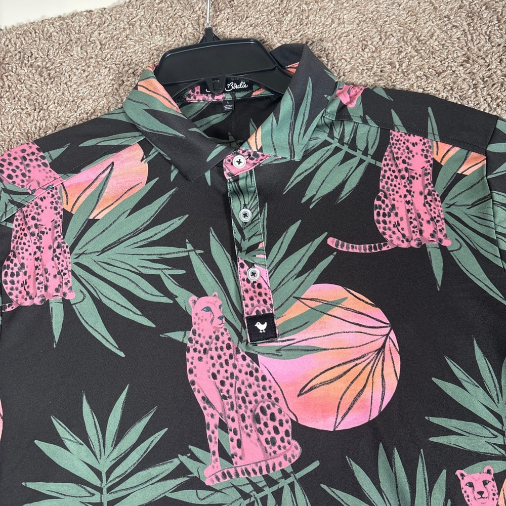 Bad Birdie Mens Pink Cheetah‎ Palm Tree Golf Polo Shirt Black Large BB-001-8972